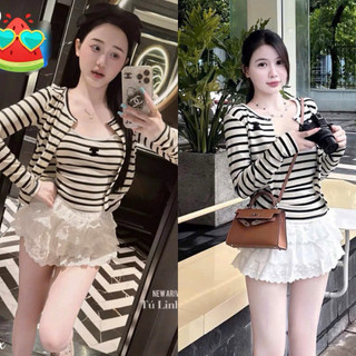  Set Bộ Đồ Nữ 3 Món Áo Hai Dây Sọc Kèm Khoác + Chân Váy Thêu Hoa Có Lót Quần 