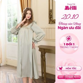 Váy Ngủ Nữ Melli Cổ Vuông Tay Dài, Đầm Ngủ Dài Tay Form Suông Dài Vải Latin Cao Cấp Che Khuyết Điểm Tốt