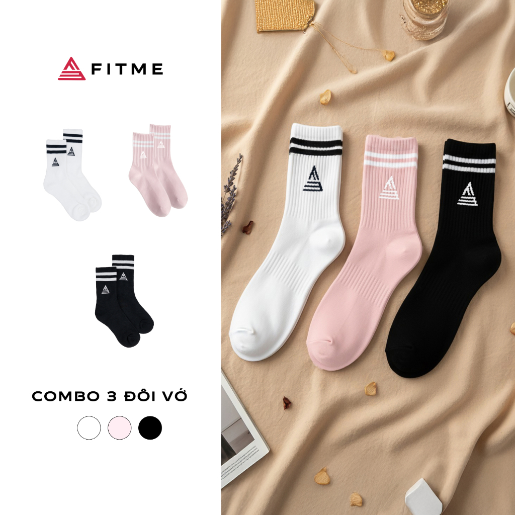 Combo 3 đôi vớ thể thao Fitme cổ cao dày dặn Nam Nữ thể thao