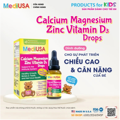 MediUSA Calcium Magnesium ZinC Vitamin D3 Drops 30ml, Giúp bé phát triển chiều cao và cân nặng.