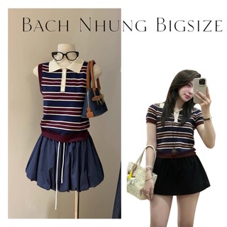    Bigsize 55-100kg  Set Áo polo sọc ngang + chân váy bí xanh vintage Hàn Quốc 