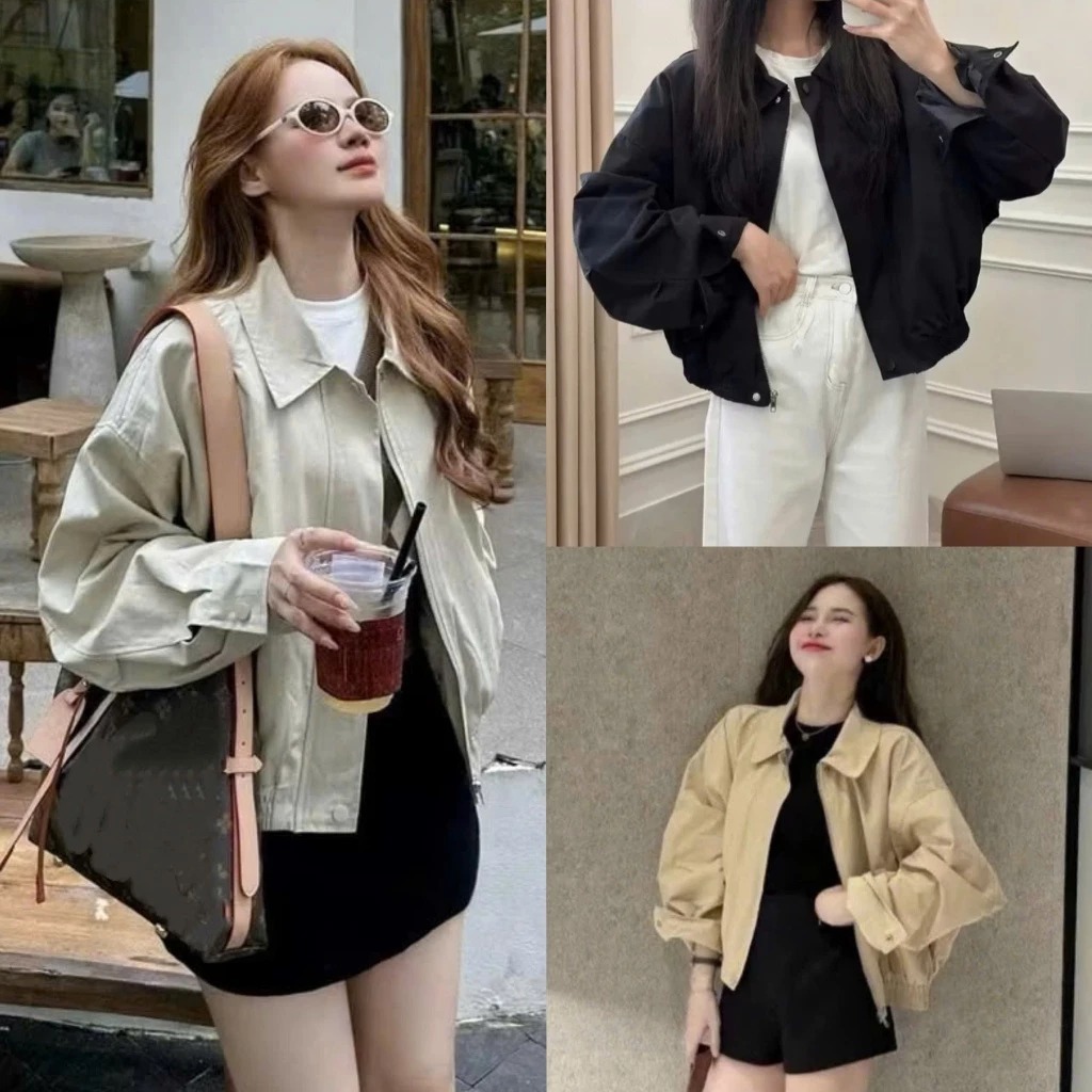 Áo Khoác Nữ Bomber Cổ Bẻ Khoá Kéo Tay Dài Hai Lớp Chất Kaki Mềm Mại Đứng Form 2025