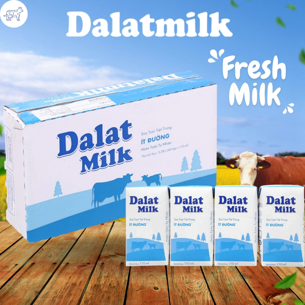 Thùng 48 hộp sữa tươi tiệt trùng Dalat Milk ít đường.