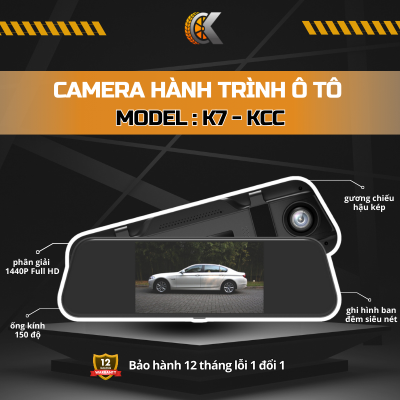 Camera Hành Trình Gương Ô Tô K7 K-CC 7 Inch Full HD 1080P Ghi Trước Sau Night Vision Góc Rộng 170° C