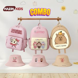 COMBO Balo và Mũ cho bé trai bé gái 3-5 tuổi hình Labubu, Người Nhện, Hello Kitty, cho bé đi học mẫu giáo mầm non