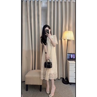  Váy ren suông dáng dài tay bồng,đầm bầu thiết kế 2 lớp phối nơ vai nhẹ nhàng thanh lịch 