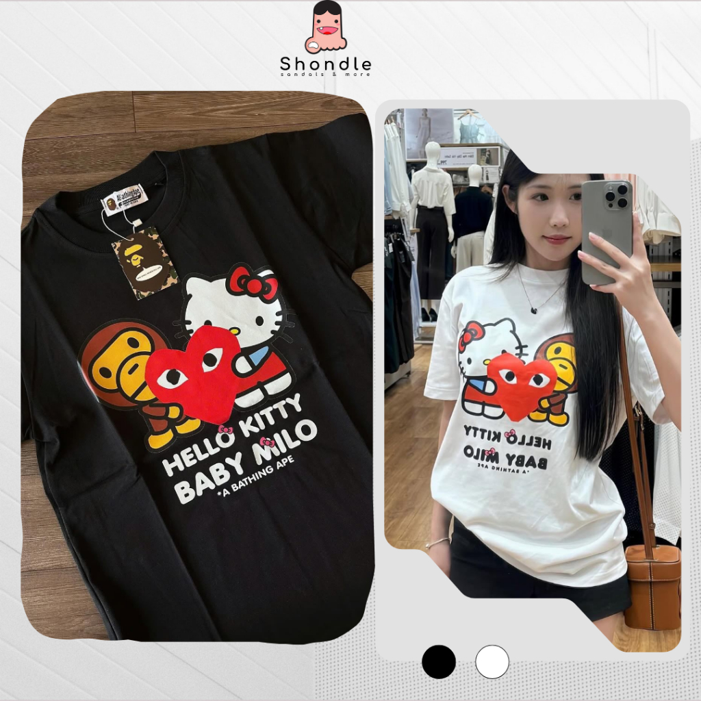 Áo Thun Nam Nữ Bape x Hello Kitty Hình In Dễ Thương Form Rộng Tay Lỡ Vải Cotton 2 Chiều Full Tag