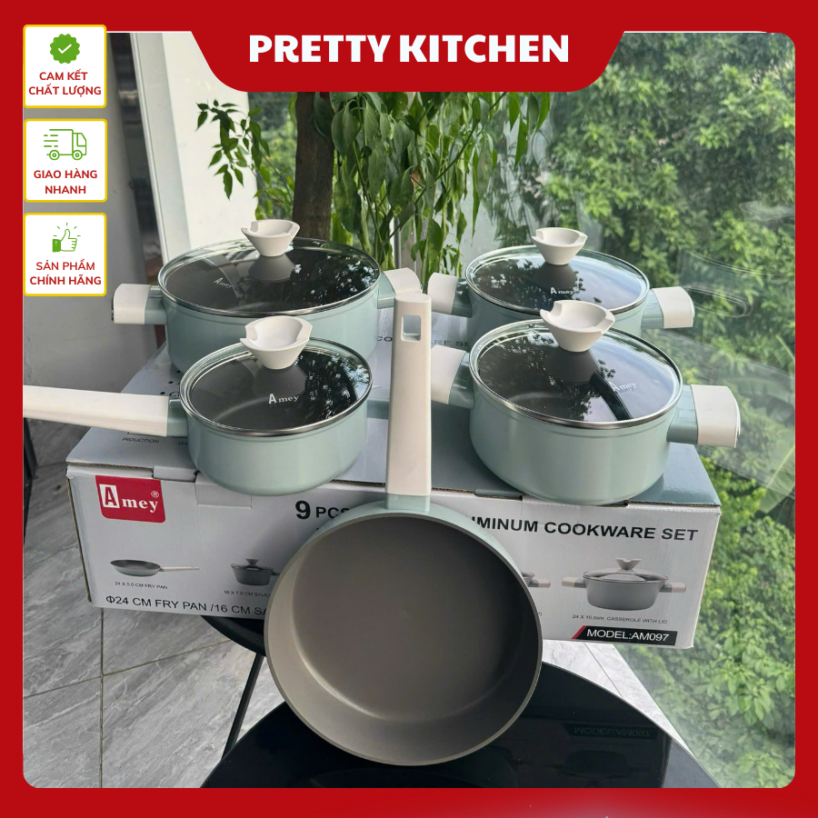 Bộ Sứ Ceramic AMEY 9 đáy, Bộ nồi 5 món 9 đáy AMEY Đức cao Cấp dùng cho mọi loại bếp - Pretty Kitchen