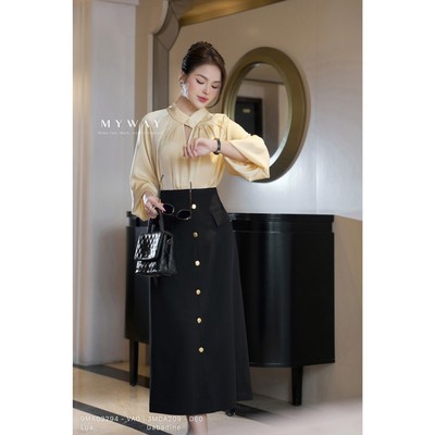 Chân Váy Dáng A Classic Charm MY WAY Công Sở Dài Qua Gối Phối Hàng Cúc Cao Cấp 3MCA209