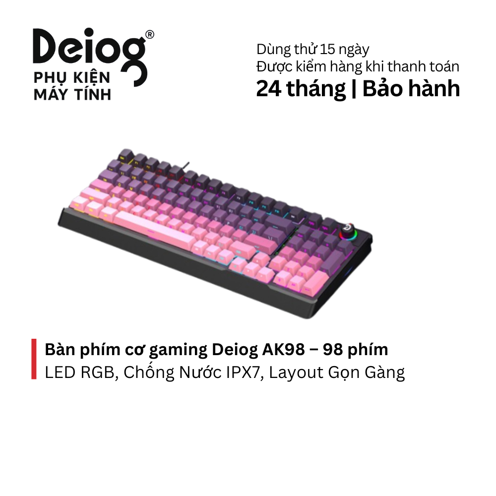 Bàn phím cơ gaming Deiog AK98 98 phím Linear Switch, LED RGB, chống nước IPX7, layout gọn gàng