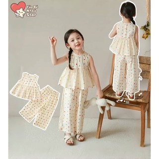  Set Đồ Bé Gái 2 Món Phối Lưới Áo Hai Dây & Quần Ống Rộng Cotton Thoáng Mát Xinh Xắn 