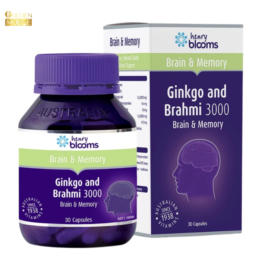 Viên Uống Bổ Não Henry Blooms Ginkgo and Brahmi 3000 Hỗ Trợ Giảm Đau Đầu, Hoa Mắt, hộp 30 Viên