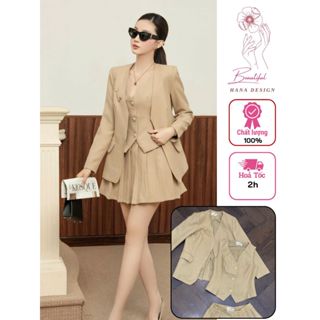 [ Sẵn - Hỏa Tốc ] Set Áo Vest Gile 3 Món Chuẩn CHOUCHOU Chân Váy Xếp Ly