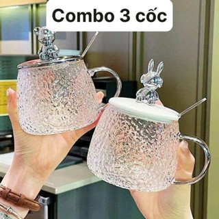    HỎA TỐC   COMBO 3 Ly Cốc thủy tinh nắp gấu Bear chịu nhiệt độ cao dùng đựng cà phê  ngủ cốc trà đá.. 