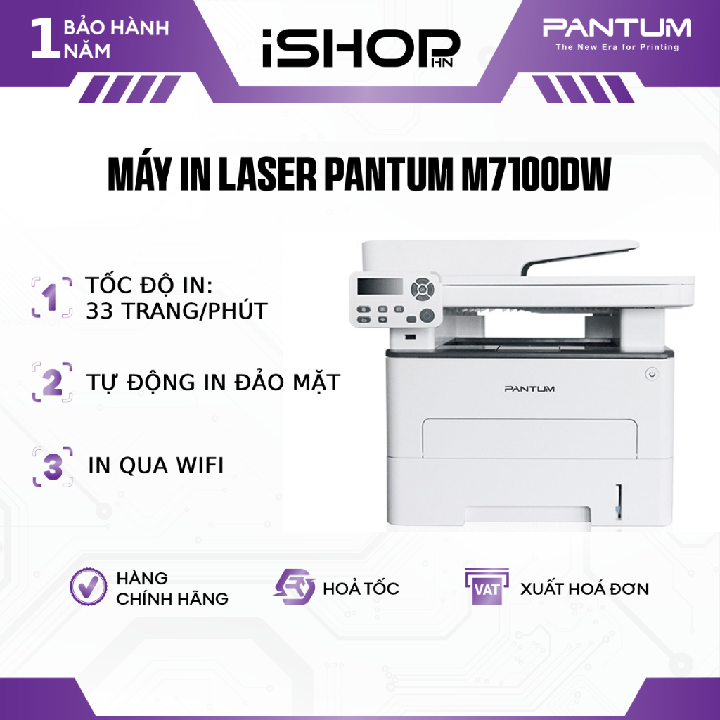 Máy in Laser PANTUM M7100DW, in đen trắng, tốc độ cao, scan, photocopy, tự động đảo mặt, in Wifi, kh