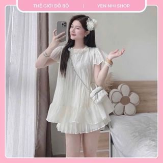   Size48-90kg  Sét Áo Chân Váy Nữ Dập Li Chất Voan Ánh Kim Cao Cấp Cổ Đính Hoa Siêu Xinh 