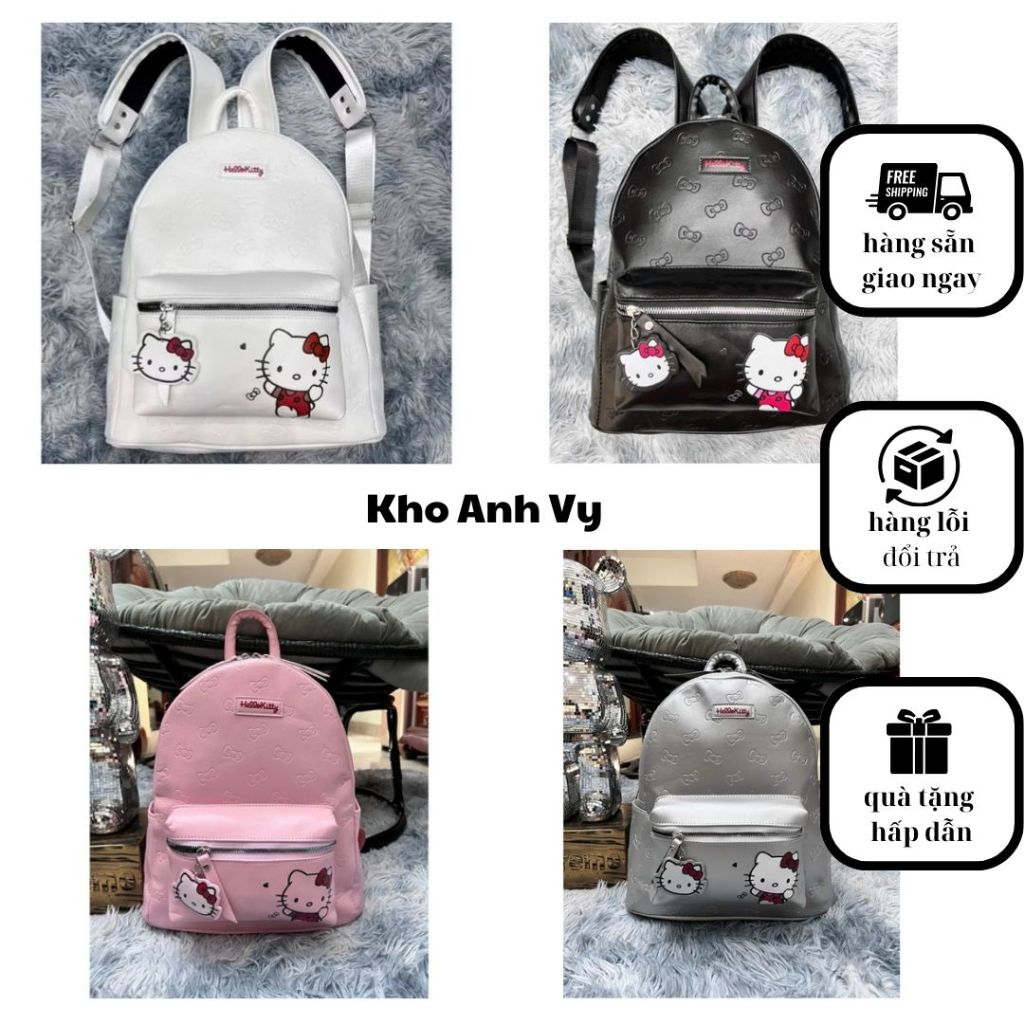 🐻Balo Kitty Phim hoạt hình, balo da Pu đi học dễ thương kèm móc mèo bản nhiều ngăn đựng vừa a4, giáo án