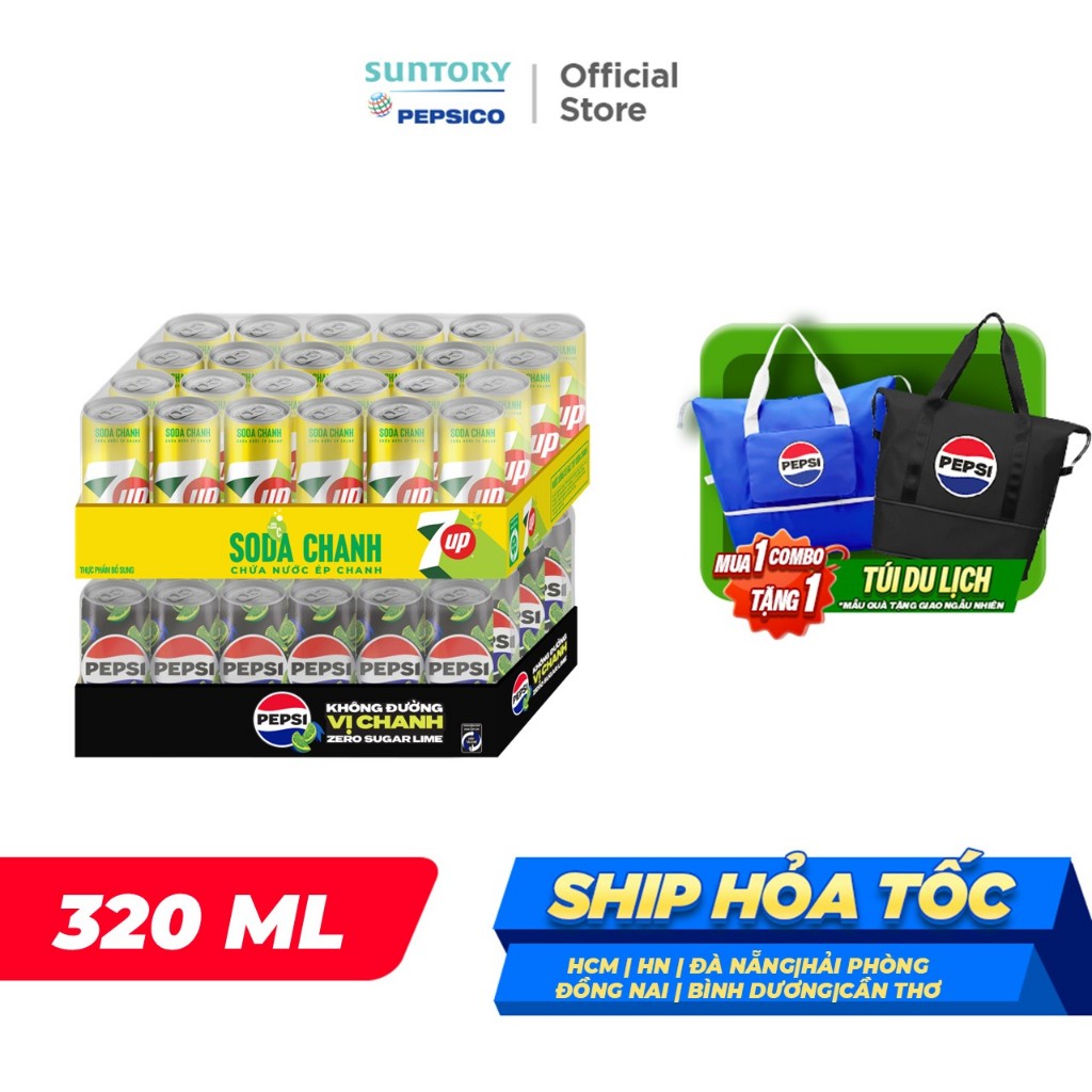 Combo 2 Thùng 24 Lon Pepsi Vị Chanh Không Calo và 7UP Soda Chanh Không Calo (320ml/lon)