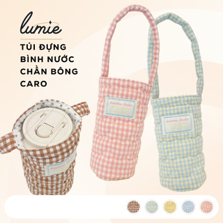  Túi Vải Đựng Bình Nước Ly Giữ Nhiệt Caro Chần Bông Thêu Trái Tim Pastel Tiện Lợi Đi Học Đi Làm 