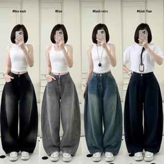 Quần jean bò ống rộng suông xuông nữ dáng boy gấu 33cm jeans cạp cao phong cách style ms20