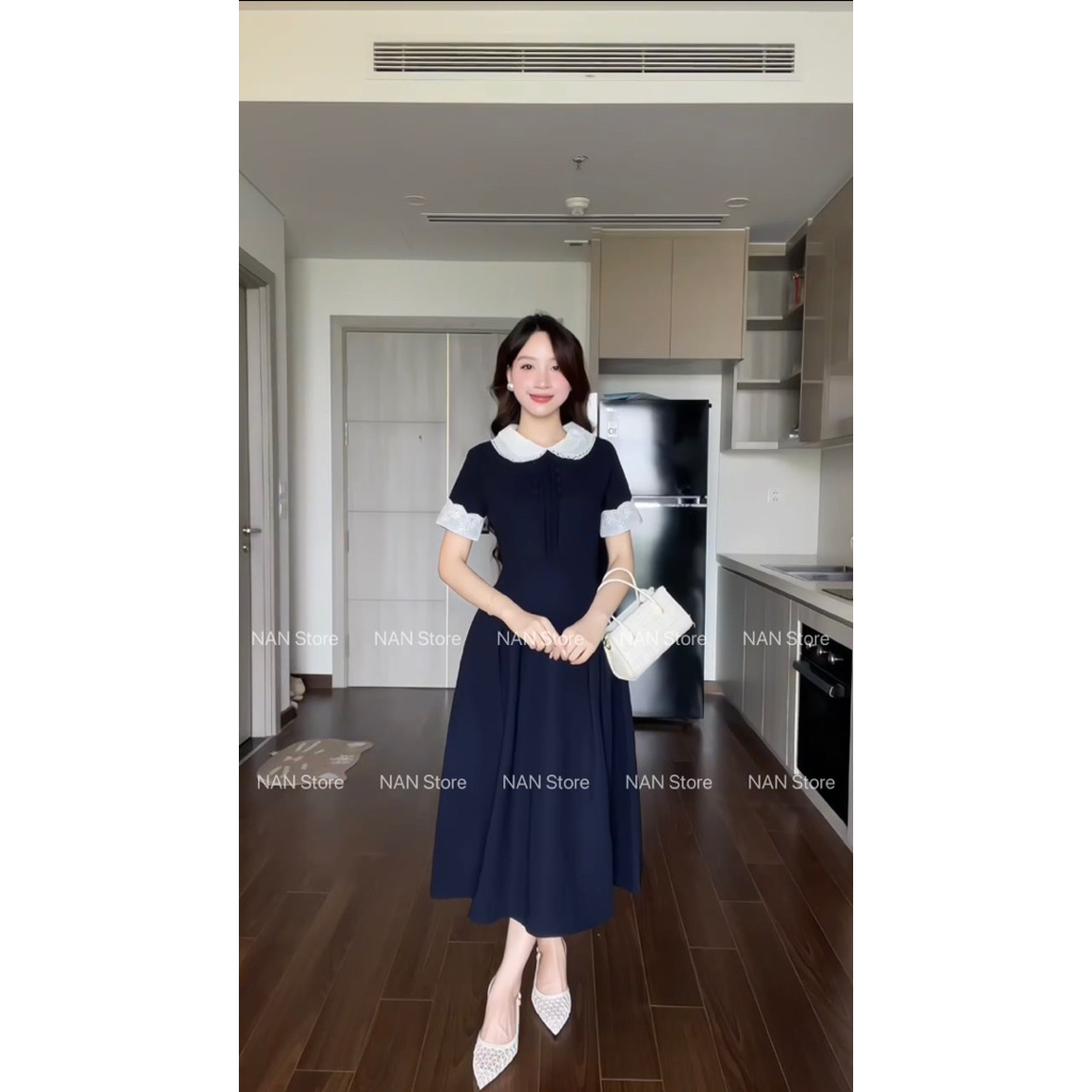 NAN Store - Váy thiết kế cổ ren khuy bọc tay viền ren dáng xoè dài