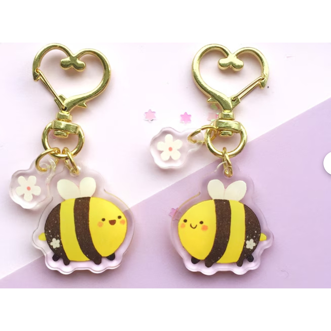 kawaii Bumblebee with a small flower keychain / clear Double Sided acrylic charm - Cute accessory fo