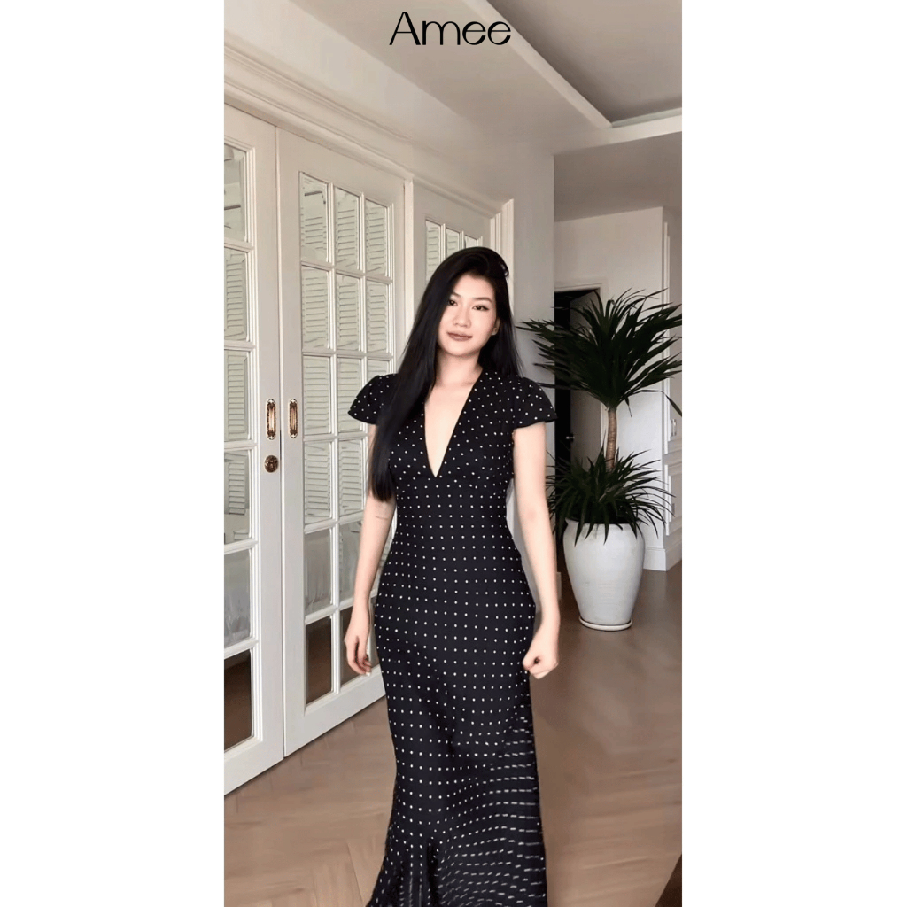 [SẴN-HỎA TỐC] Đầm Lụa Chấm Bi Dài Cổ V Dáng Đuôi Cá Lơi Nữ Tính Cao Cấp Chuẩn Tôn Dáng | BigBuy360 - bigbuy360.vn