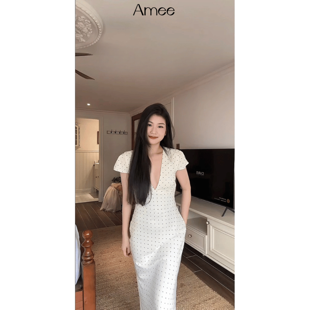 [SẴN-HỎA TỐC] Đầm Lụa Chấm Bi Dài Cổ V Dáng Đuôi Cá Lơi Nữ Tính Cao Cấp Chuẩn Tôn Dáng | BigBuy360 - bigbuy360.vn