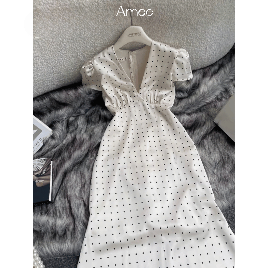 [SẴN-HỎA TỐC] Đầm Lụa Chấm Bi Dài Cổ V Dáng Đuôi Cá Lơi Nữ Tính Cao Cấp Chuẩn Tôn Dáng | BigBuy360 - bigbuy360.vn