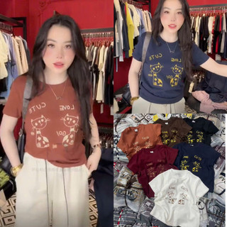 Áo phông cotton MCQM thêu hình 2 con mèo love cute