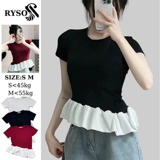 Áo Thun Tay Ngắn Cổ Tròn Phối Vạt Bèo Chéo Dáng Dài Chất Borip Thoáng Mát,Áo Babytee Nữ Ôm Body Cá Tính RYSO FASHION
