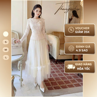 Set hai món: áo ren cổ trễ vai đính hoa phối chân váy lưới dang dài tiểu thư màu nude size S M L nhẹ nhàngh D1075