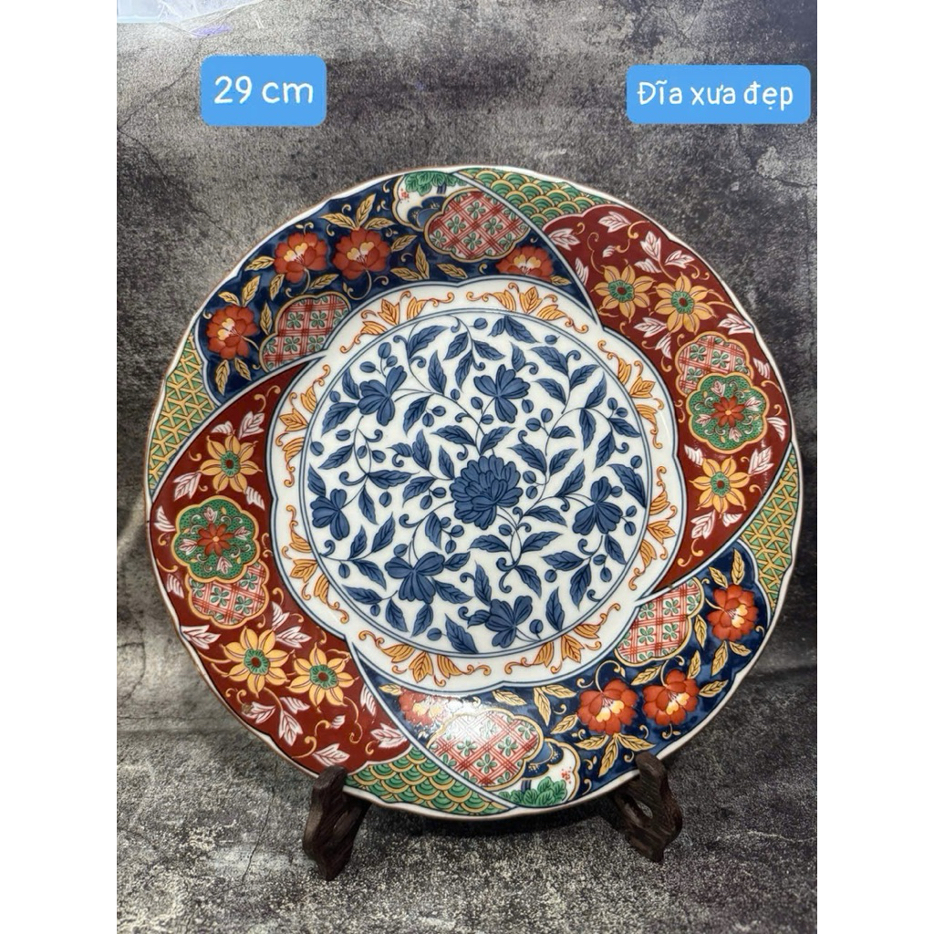 Đĩa ngũ sắc 27cm vẽ hoa xưa cao cấp gốm sứ Nhật