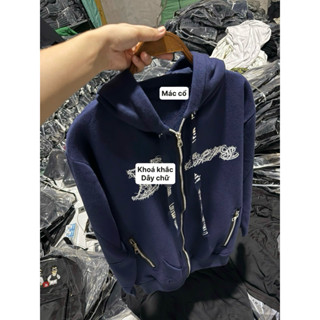 Áo khoác xanh eo vi dây chữ khoá khắc in trước sau xanh than vải đẹp