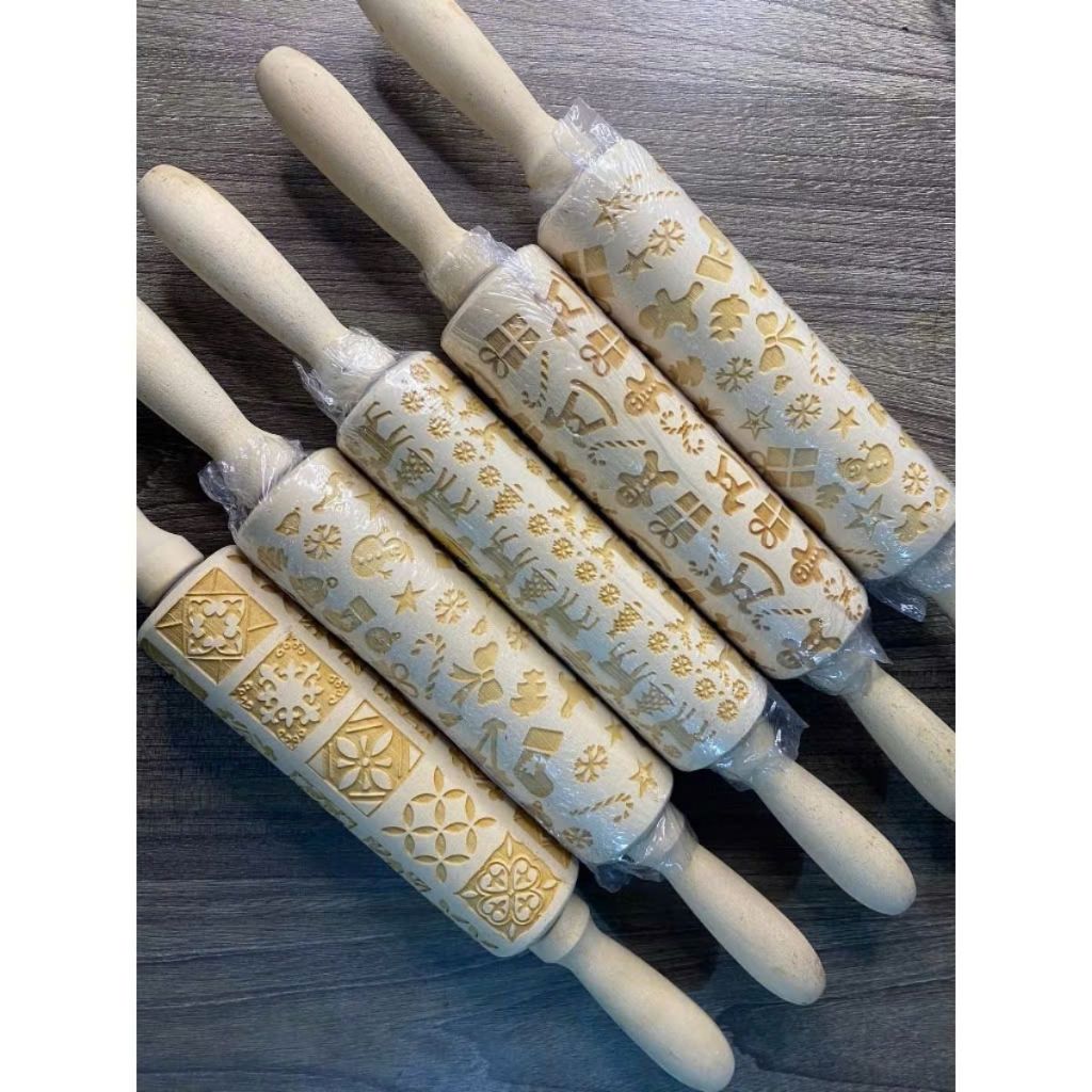 Cây lăn bánh, đồ cán bột họa tiết làm bánh quy, cán bột bằng gỗ