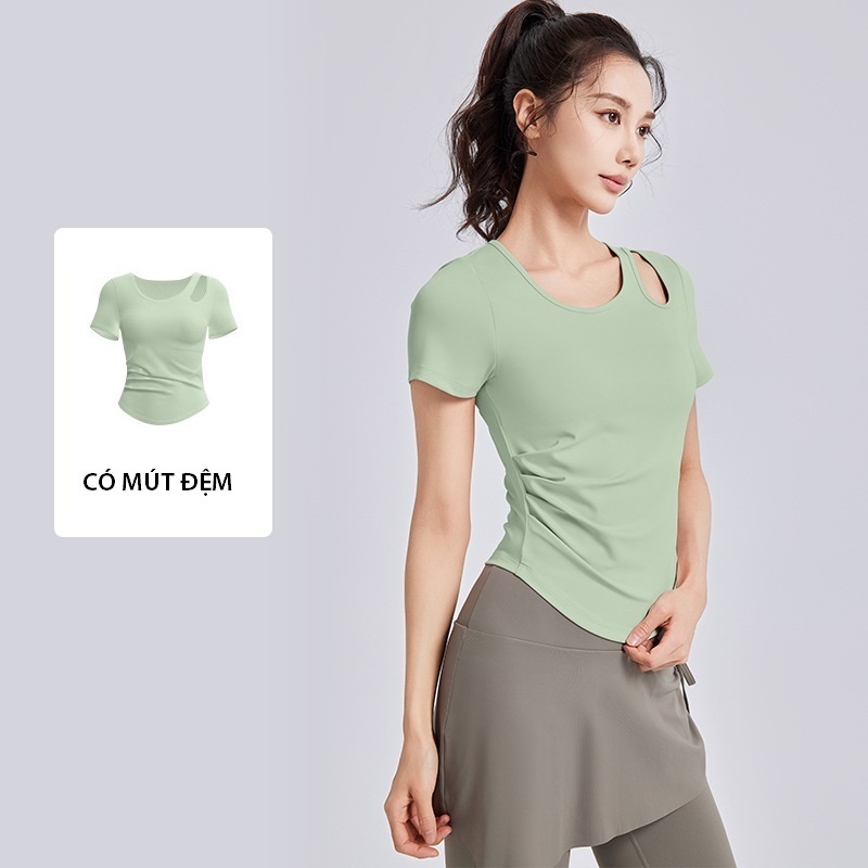 Áo tập Yoga nữ sẵn mút đệm ngực may liền, chiết eo, thiết kế cut-out phong cách, áo tập aerobic, đạp