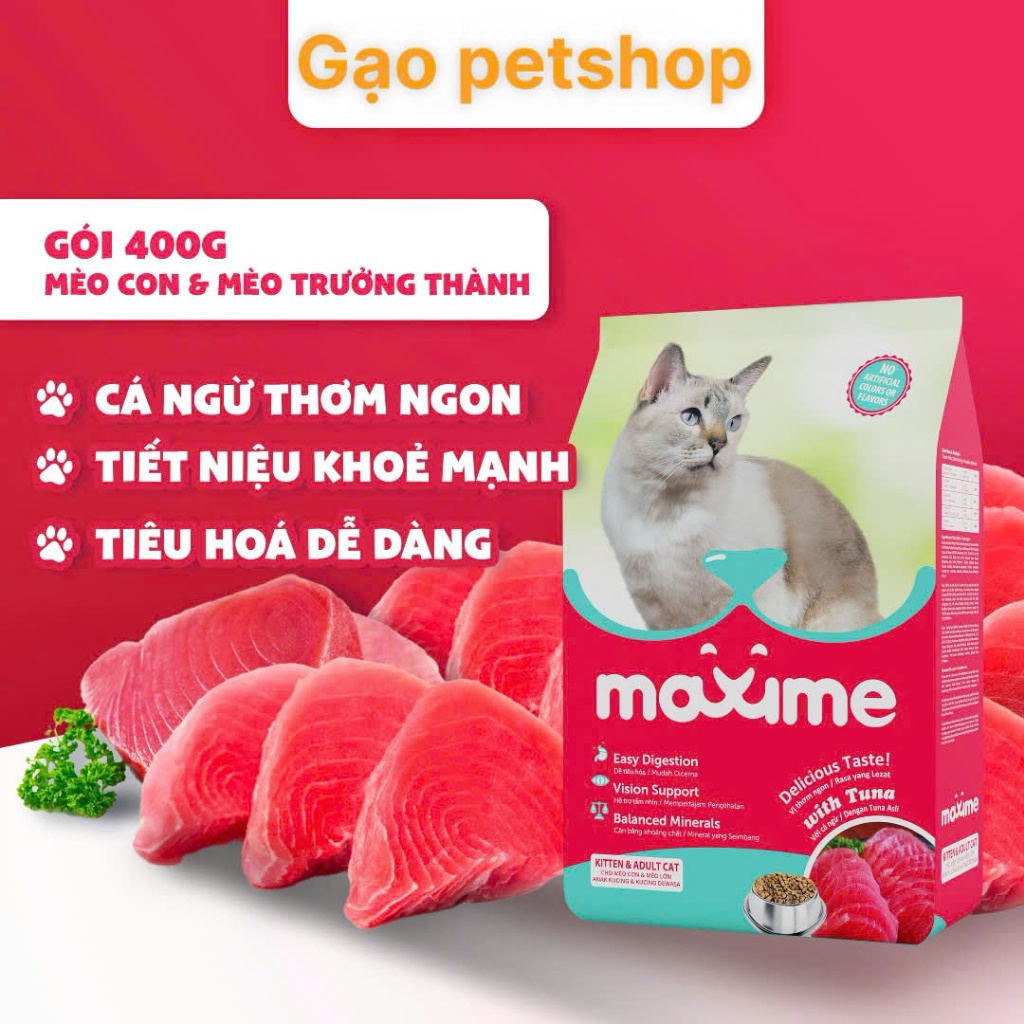 (bao 12kg) thức ăn maxime mèo bao 12kg (30 gói 400g) dành cho mèo mẹ và con (cá hồi và cá ngừ)