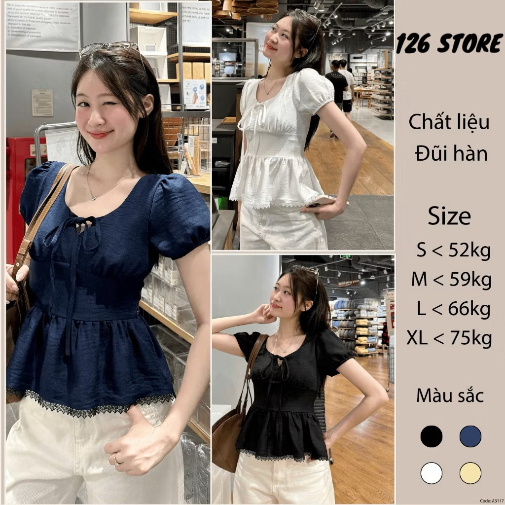Áo Kiểu Nơ Buộc Bo Eo Tay Bồng Pha Ren 12 THÁNG SÁU MA3117 | BigBuy360 - bigbuy360.vn
