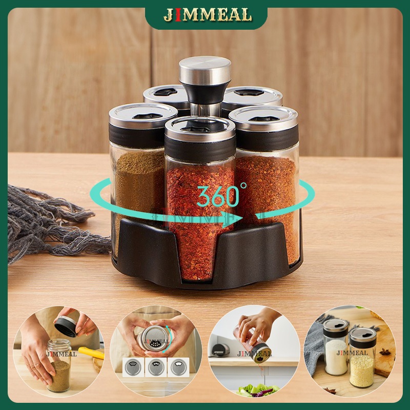 [Bao Vỡ] Set 5 Lọ Thủy Tinh 3in1 Kèm Đế Xoay Đựng Gia Vị, Muối, Tiêu, Ớt Bột JIMMEAL Kiểu Rắc 170ml