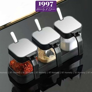 Lọ Đựng Gia Vị Thủy Tinh Kèm Thìa Inox 97Homely Chịu Nhiệt Cao Nắp Lật Cubic Cao Cấp DT250901401