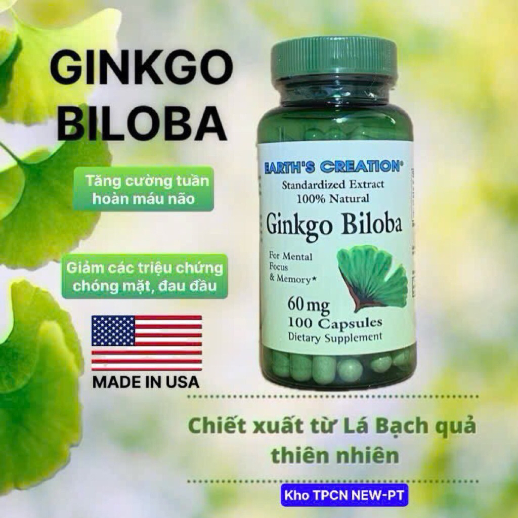 GINKGO BILOBA 60mg(NK USA)-Hỗ Trợ Cải Thiện Trí Nhớ, Giảm Mệt Mỏi,Đau Đầu, Hoa Mắt, Tê Bì(hộp/ 100v)