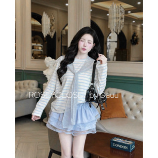  Sét bộ Áo kẻ sọc + chân váy xoè tầng  có quần bảo hộ  Áo phối khăn quàng 4 màu_Rosey.closet 