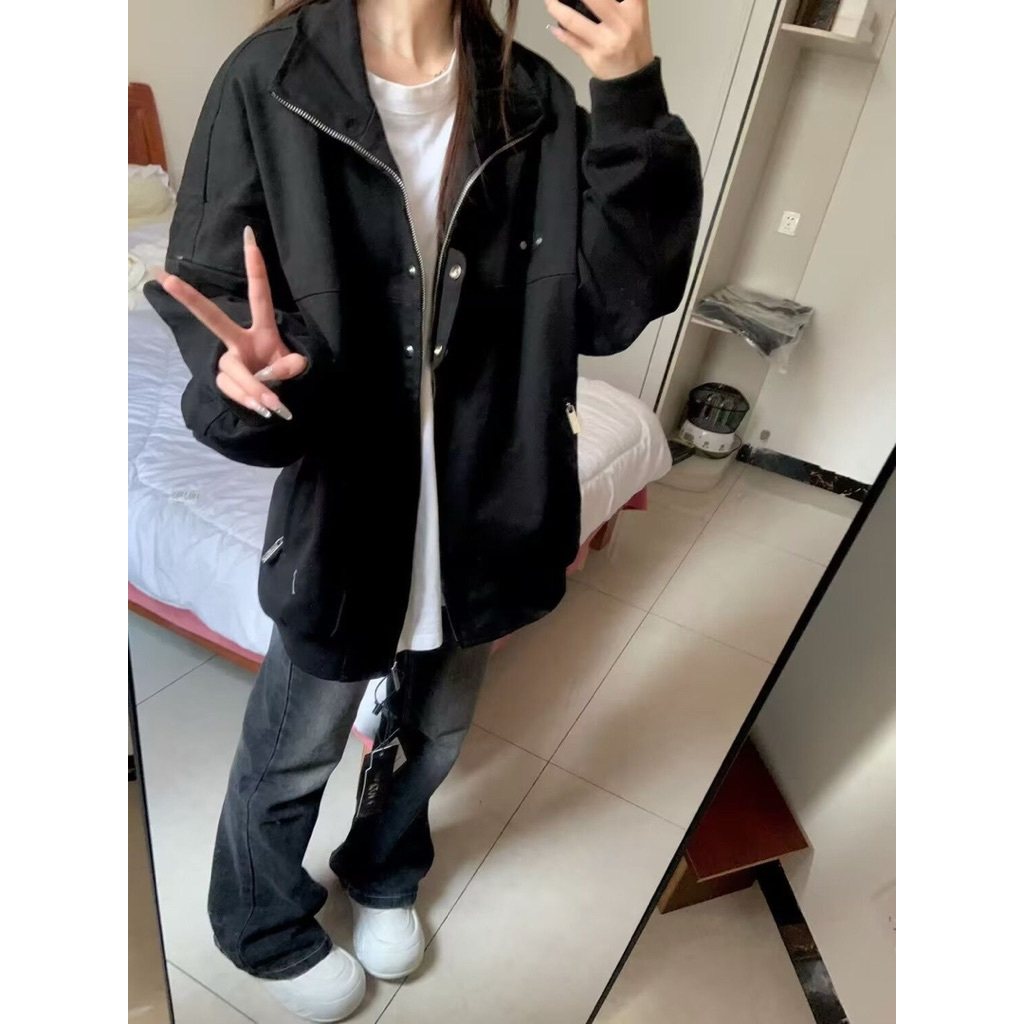 Áo Khoác Bomber Có Cổ Form Rộng Unisex Basic Màu Đen Dễ Mặc-Stressout | BigBuy360 - bigbuy360.vn