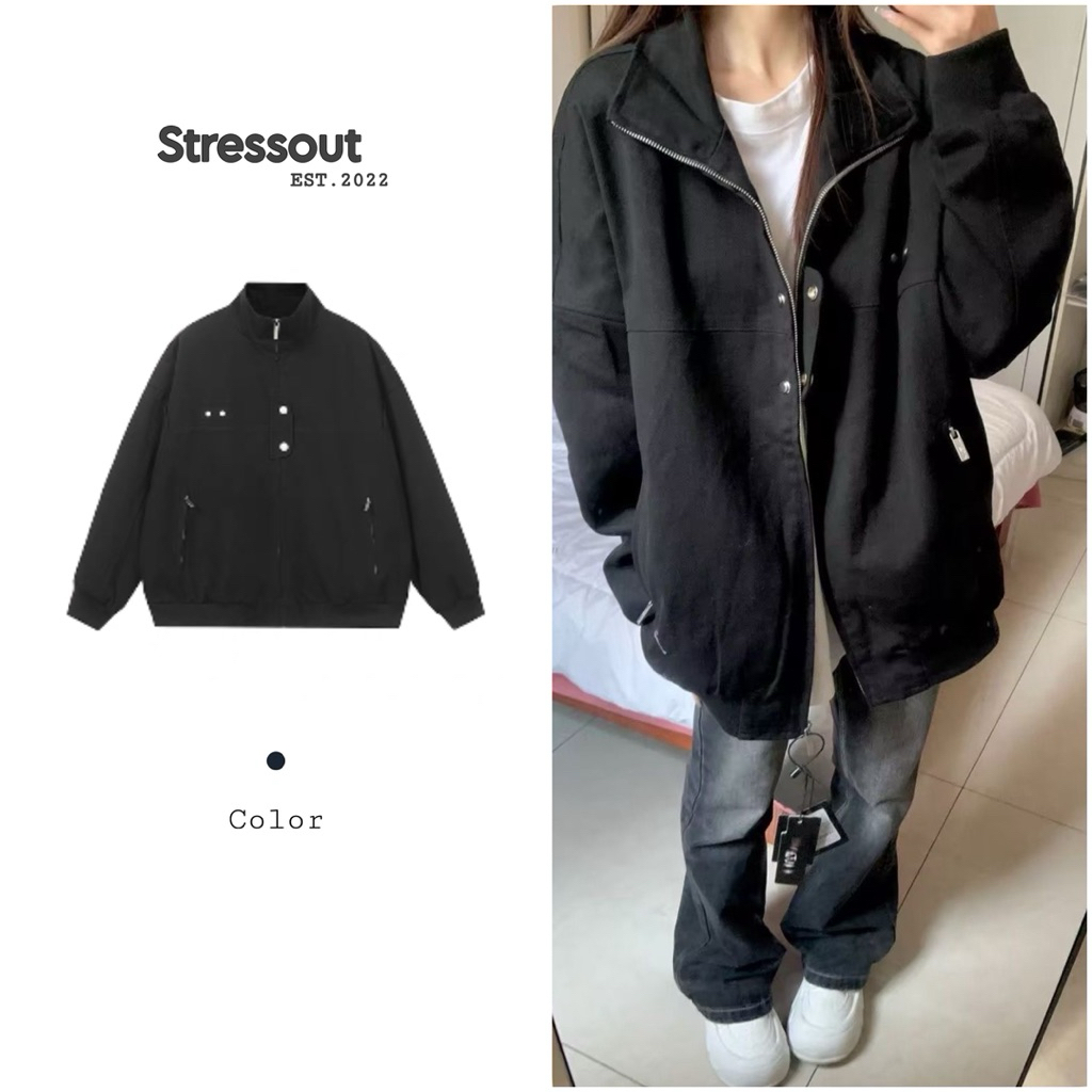 Áo Khoác Bomber Có Cổ Form Rộng Unisex Basic Màu Đen Dễ Mặc-Stressout