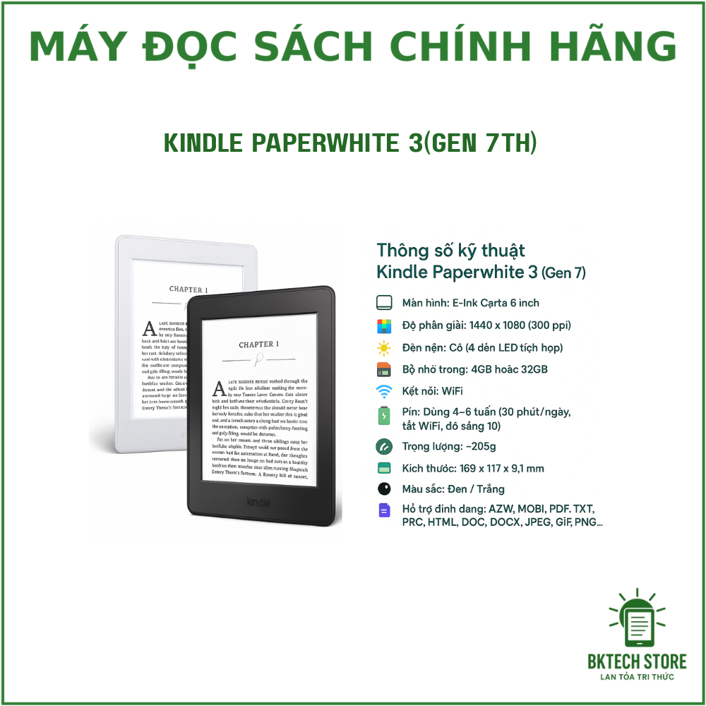 Máy đọc sách Kindle Paperwhite 3 – Chống lóa, pin 4-6 tuần, tặng kho Ebook 10.000 + Sạc new