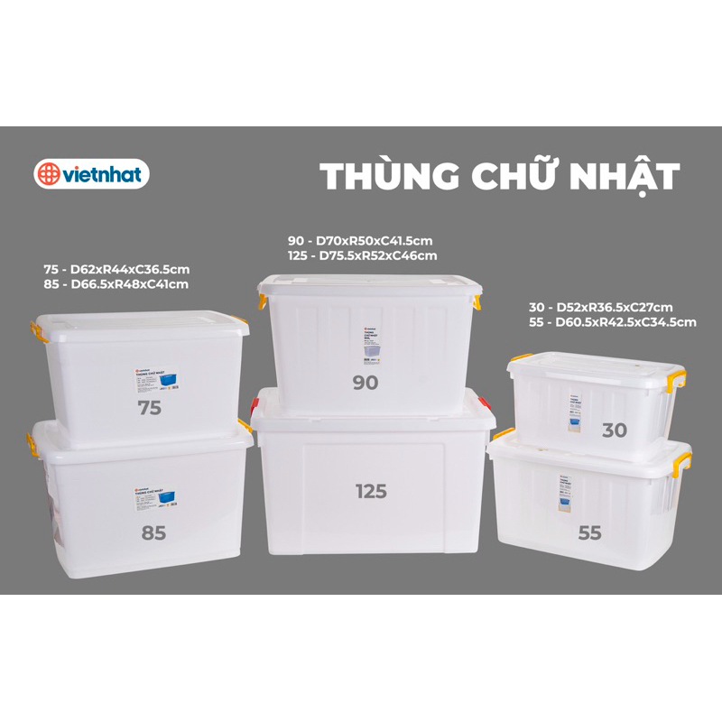 Thùng Nhựa Vuông Đựng Đồ Đa Năng Có Bánh Xe Việt Nhật 55L/ 75L/85L/90L/125L Maihongphong