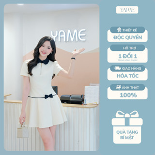 Váy Đầm Nữ Dáng Xòe Xếp Ly YAME Ngắn Tay Khóa Ngực Phối Cổ Đen Đính Nơ Tiểu Thư Màu Kem – YV691 
