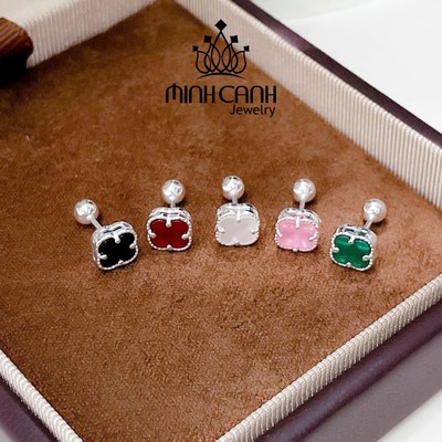 Bông Tai Bạc Cỏ 4 Lá Đá Màu Chốt Ren Bi - Minh Canh Jewelry