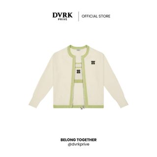 Set Cardigan Zip-Up Và Áo Hai Dây Croptop Thêu Logo Privé Màu Be Viền Xanh Matcha- DVRK-25S
