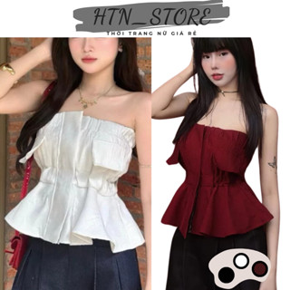  Áo ống quây cúp ngực dáng xòe thiết kế khóa kèo túi nắp giả Bee Store Áo kiểu nữ bo chun cúp ngực dáng bồng nữ tính 